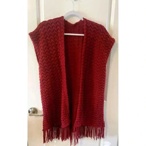 Women's Sleeveless Zig-Zag Knit Open Front Poncho Cardigan Vest with Fringe OS